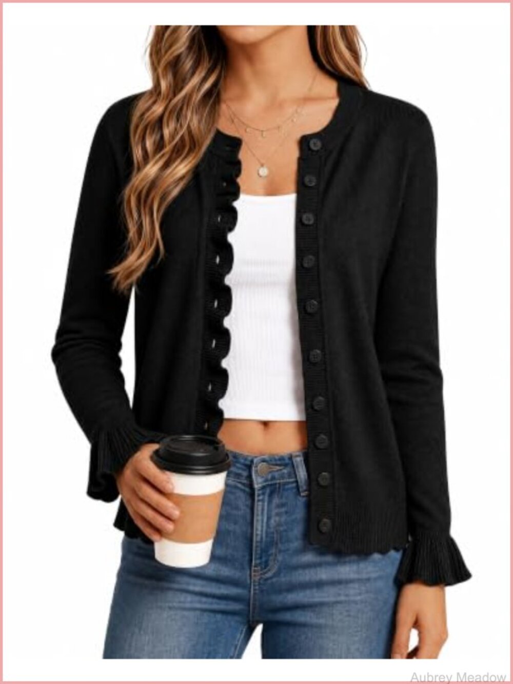 Women's Long Sleeve Cardigan Sweaters Casual Lace Trim Button Up Open Front Knit